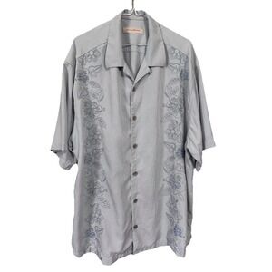 Tommy Bahama 1XB 100% Silk Short Sleeve Button Up Shirt Blue Floral Embroidered